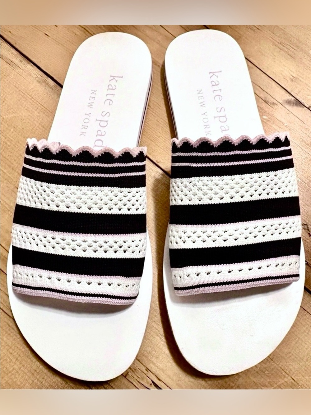 Kate Spade NY Festival Slide Sandal - 8.5 White Black Pink Knit Fabric